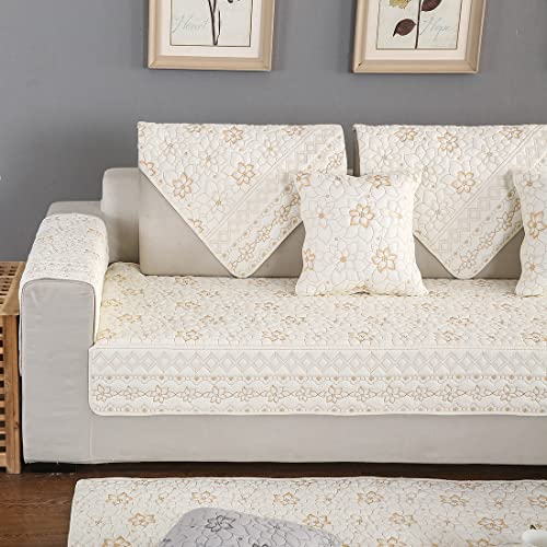 Xslive Reversible Sofa Cover Floral Embroidered Cotton Quilted Sectional Couch Slipcover Washable Armrest Backrest Cover Furniture Protector For Pets Kids,1 Piece/Not All Set (Beige,35"X35") #TOP3