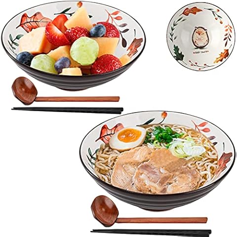 Peohud Sets of 2 Porcelain Ramen Bowls, 1100ml Japanese Noodle Bowl with Matching Spoon and Chopsticks, Multi Purpose Bowl for Soup, Cereal, Pho, Udon, Salad and Soba, Hedgehog, Brown Cover
