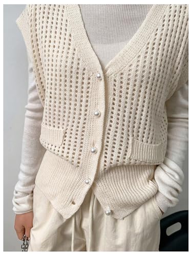 Image of Milumia Women's Cap Sleeve V Neck Button Down Sweaters Hollow Out Knit Cardigans Apricot Small