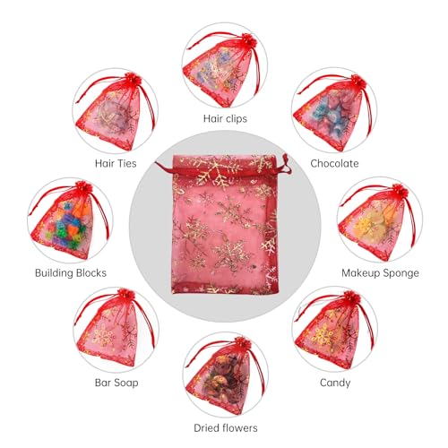 Image of YHJZ 50PCS Snowflake Organza Bags, 4x6 inches Small Christmas Gift Bags with Drawstring, Mesh Bags for Gift (Red Christmas)