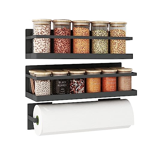 Roysili Magnetic Spice Rack For Refrigerator Magnetic Fridge Shelf For Kitchen Spice Organizer Magnetic Shelf For Fridge Space Saving Black 2 Pack With Magnetic Paper Towel Holder