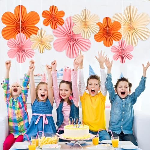 Image of SUNBEAUTY Paper Flowers Decorations Pink and Orange for Wall Paper Fans Classroom Decoration Paper Floral Backdrop Decor Paper Fans Decor Hanging Paper Fans Orange Flower Wall Decor Set of 9