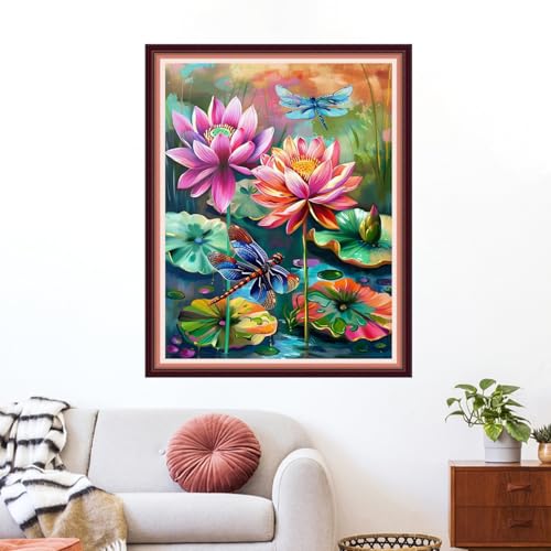 Image of Funxvoot Stamped Cross Stitch Kits for Beginners or Adults Embroidery Starter Patterns | DIY Printed Cross Stitch Kits Needlepoint for Adults 11CT-Dragonflies, Lotus Flowers 16x20 inch
