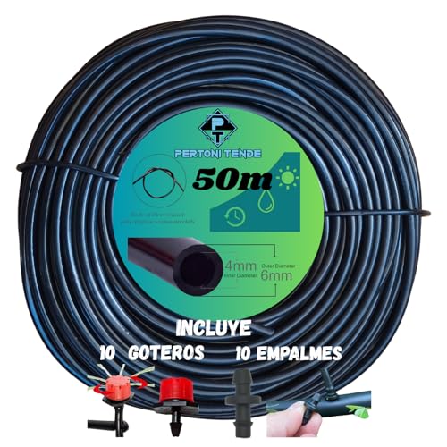 Microtubo de Riego 4mm para Goteo, Tubería para Riego, Fabricada en PVC Flexible y Resistente con 6mm de Diametro Exterior, Disponible en Rollo de 10, 25 y 50 metros, Color Negro (50 metros)
