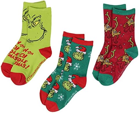 Bioworld Dr. Seuss GRINCH Kids 3 Pairs Multi-Design Crew Socks For Boys' Or Girls'