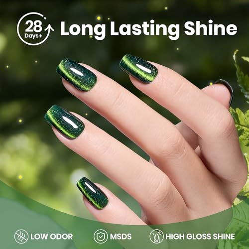 Image of Beetles Forest Flame Green Cat Eye Gel Nail Polish - 15ML Green Cat Eye Gel Polish Glitter Magnetic Translucent Glassy Effect Soak Off UV French Nail Art DIY Manicure Gifts for Women