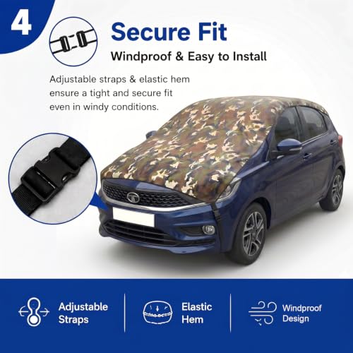 Image of Pivalo Half Car Body Cover for Hatchback Cars (All Models & Years) | 100% Waterproof Outdoor UV & Heat All Weather Protection | Triple Stitched 3 Layer with Adjustable Straps Cover (Military /Army)