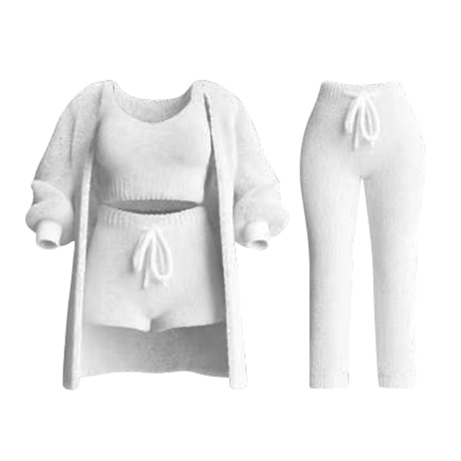 Damen Hosenanzug Casual Set mit Tiefem V-Ausschnitt Langarm Mantel Kurzer Hose sowie Langer Hose Weste Schlafanzug Kombination