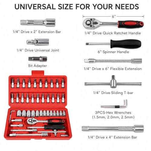 Image of 46 Pcs Tool Kit with Ratchet Wrench & 1 /4 Inch Drive Socket Set | Screwdriver Bit Set, Metric Socket, Extension Bar, Spanner & Goti Pana Tool Kit for Car, Bike, Home, Garage & DIY Repair