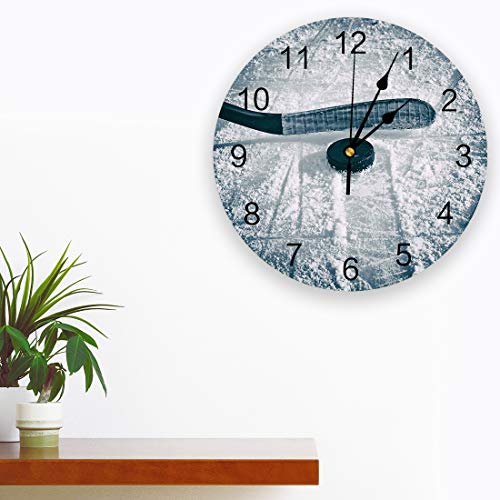 Sun-Shine Silent Non-Ticking Wall Clock Battery Operated Ice Hockey Winter Sports Round Clocks Home Decorative Wall Clocks For Bedroom, Living Room, Office Stick And Puck With Snow #TOP1