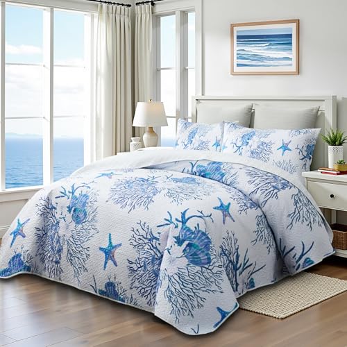 King-Size-Steppdecke, nautisches King-Size-Bettwäsche-Set, Strandblau, leichte Tagesdecke, Decke, Algen, Seestern, Koralle, Heimdekoration… – Ansicht 2