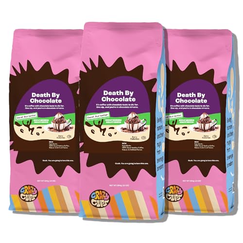 Crazy Cups Flavored Ground Decaf Chocolate Coffee, Decaffeinated Death By Chocolate Coffee in 10 oz Bag, For Brewing Flavored Hot or Iced Coffee, 3 Pack