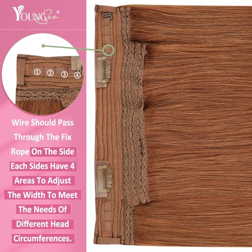Image of YoungSee Copper Wire Hair Extensions Real Human Hair Colored Copper Invisible Wire Hair Extensions for Women Dyable Fish Line Hair Extensions 20inch 105g