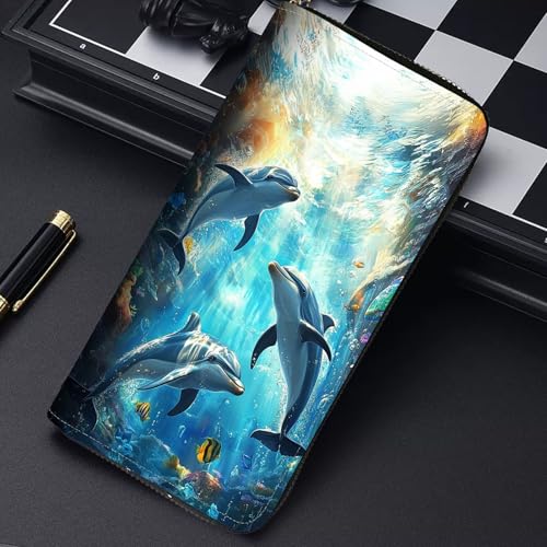 Image of RFID Blocking Leather Wallet for Women - Large Capacity Zip Around Clutch with 8 Card Slots,23 Cash Pockets & Coin Zipper,Cute Dolphin