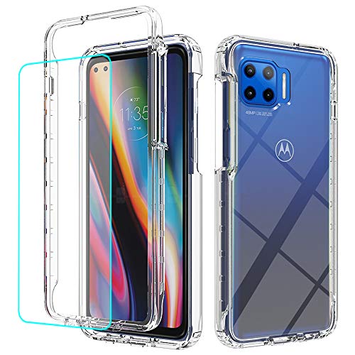 Teayoha Schutzhülle für Motorola Moto G 5G Plus, mit Displayschutzfolie aus gehärtetem Glas, robust, transparent, Hybrid-Rückseite, transparent, TPU-Schutzhülle – transparent