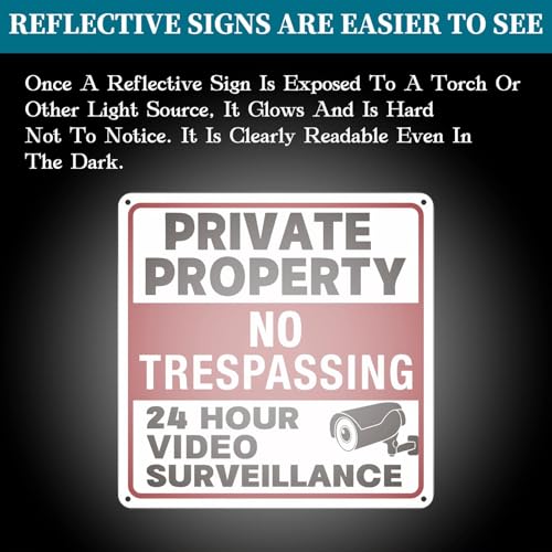 Image of 4 Pack No Trespassing Signs Private Property, Video Surveillance Sign | Reflective aluminum signs, which are weather - resistant and easy to install, are suitable for courtyards, gates and fences