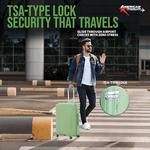 Image of AMERICAN TRAVELLER Touris Travel Trolley Bag Single Small | Lightweight Expandable Polypropylene Hard Shell | Large Suitcase with TSA Lock | 8 Lego Wheels | Travel Luggage for Men & Women (20, Green)
