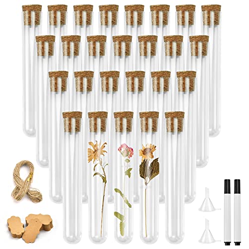 SCHYIDA 100 PCS Tube à Essai Plastique Transparent 12ML, Eprouvette Plastique avec Bouchon en Liège Tube a Essai Transparent avec 100 Étiquettes pour Bonbons Fleurs Plantes Epices Noël Cadeaux