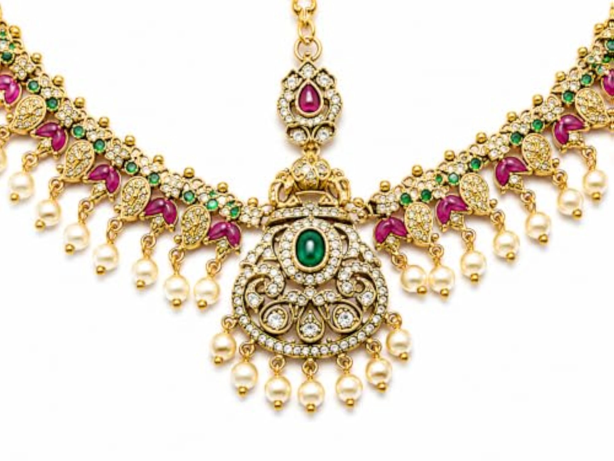 Women's Traditional Gold-Plated Peacock Design Mathapatti with Emerald & Ruby Stones