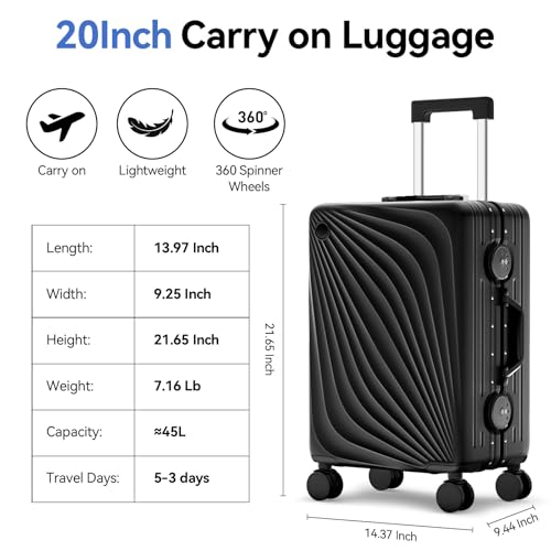 Image of Carry On Luggage, Aluminum Frame Zipperless Suitcase, Black, 20 in | Airline Approved, Hardside, TSA Lock, 360Spinner Wheels, PC, Wet and Dry Separation Pocket, Cup and Phone Holder, Side Hook