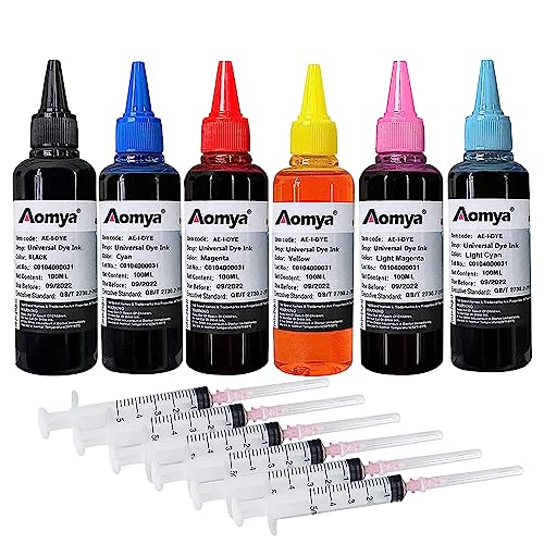 Aomya 600ml Kit de Recarga de Tinta Universal para HP Canon, Epsn, Brother y Todas Las impresoras Cartuchos Recargables Sistema CISS Juego de 6 Colores con 4 jeringas (BK, C, M, Y, LM, LC)
