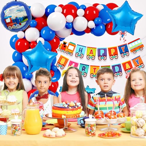 Image of Rozi Decoration Train Theme Birthday Decoration Kit with Balloon Arch, Happy Birthday Banner, Train Foil Balloon, Star Foil Balloons and Latex Balloons for Kids Birthday Party Decoration (58 Pieces)