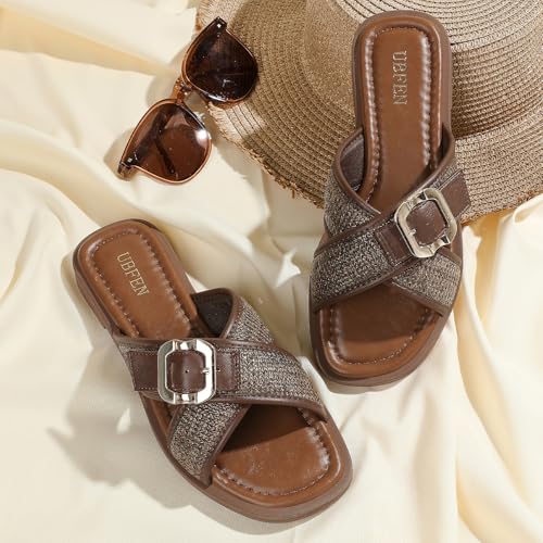 Image of UBFEN Womens Square Toe Flat Sandals Slides Dressy Comfortable for Beach