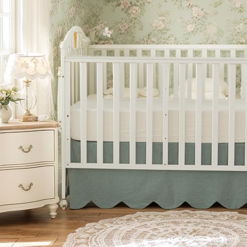 Image of Brandream Scallop Edge Organic Cotton Crib Skirt, Baby Boy, Baby Girl, Gender Neutral Crib Skirt Toddler Bedskirt Farmhouse Chic Nursery Crib Bed Skirt, Boho Bohemian Solid Sage Green Skirt