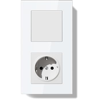 Light Switch with Socket 1-Way 1-Way + Socket 86 x 157 mm Double Light Switch Flush-Mounted with Glass Frame Cable Clips and Claws Easy Installation for Home Home Office White