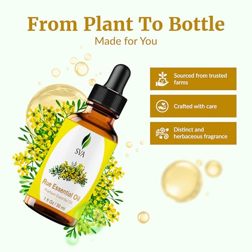 Image of SVA Rue Essential Oil, Glass Bottle with Dropper, 1 Fl Oz (30 ml) | Rue Essential Oil for Diffuser, Skin Care, Hair Care, Massage, Soap Making, Candle Making, Home Fragrance & DIY Blending