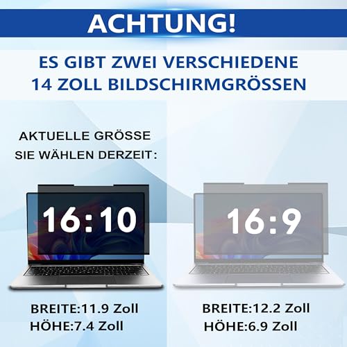 Magnetischer Laptop Blickschutzfolie 14 Zoll 16:10, Abnehmbarer Laptop Sichtschutzfilter und Blendfreier Blaulicht Sichtschutzfolie, Kompatibel mit HP Dell Acer Asus Samsung Lenovo ThinkPad