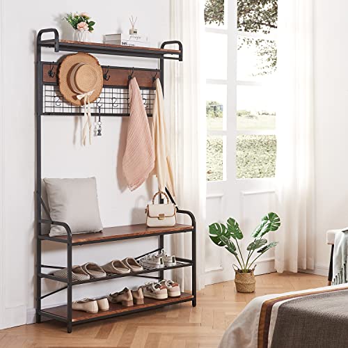 Homissue 5-In-1 Entryway Hall Tree With Shoe Bench, Coat Rack With 11 Hooks And 2 Hanging Rods, Grid Panel For Memo And Photo Display, Brown Finish #TOP2