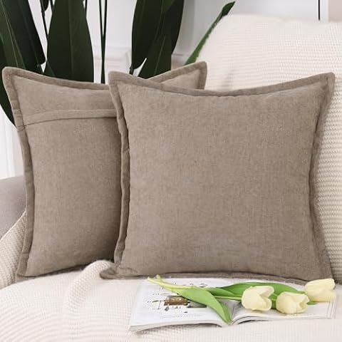 MADIZZ Chenille Flange Edge Throw Pillow Covers Set of 2 Super Soft Boho Pillow Covers Decorative Plain Throw Pillowcases Modern Farmhouse Home Decor for Sofa Bedroom Taupe 18x18 Inch Cover
