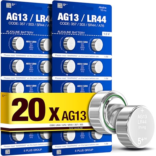 LR44 AG13 A76 357 303 SR44 L1154 LR1154 1.5V Alkaline Button Cell Batteries (20 Pack) High Capacity Coin Batteries for Watches Toys Key Fobs & Small Electronics