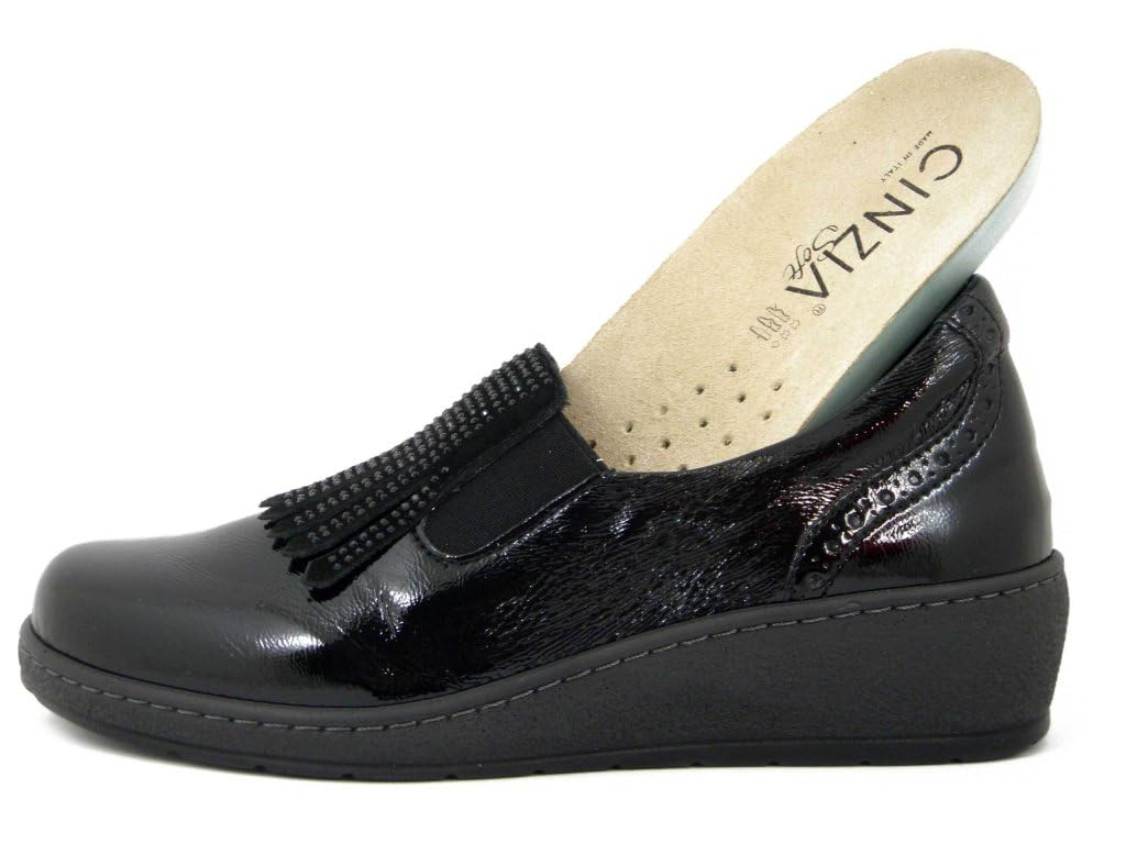 Cinzia Soft Mocassini Donna Scarpe Linea Ortopedica Sanitaria in Pelle Lucida Nero con Strass, Zeppa Bassa, Plantare Estraibile, 51162