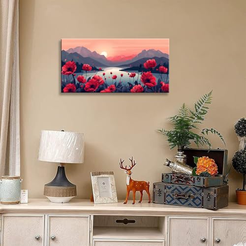 Tucai Decor Canvas Wall Art Poppy Field Mountain Landscape 20 X 40 Inches Home Decor Red Poppy Flowers Art Prints For Living Room Bedroom Office Ready To Hang thumb #5