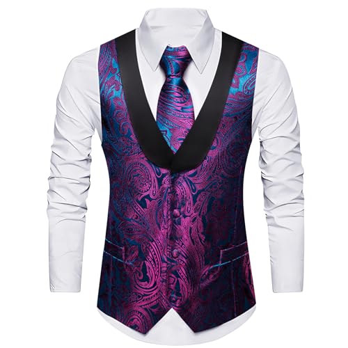 Image of Barry.Wang Mens Silk Lapel /Shawl Collar Vest Tie Sleeve Holder Set Formal /Casual Paisley Vests Wedding Tuxedo Waistcoat