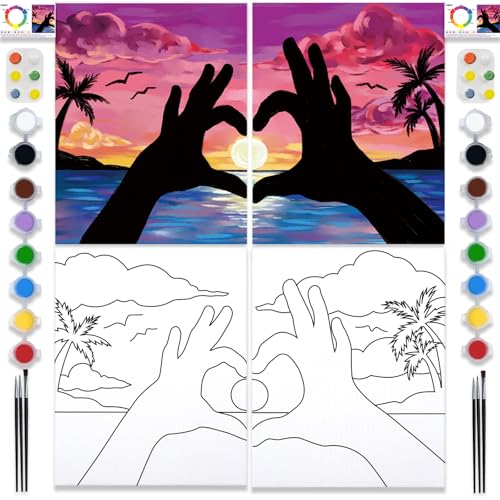 PAILIM 2 Pack Sip and Paint Kit for Adults - Pre-Drawn Canvas to Paint at Home - Date Night Party Favor Art Couples Activity - Romantic Beach 8x10 Canvas Painting Kit