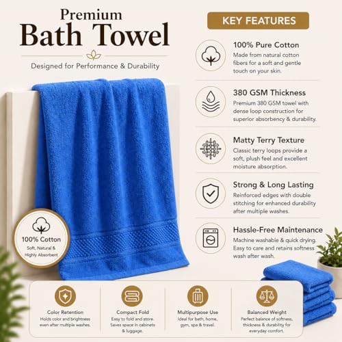 Image of 100% Pure Cotton Bath Towel for Men & Women | 380 GSM Ultra Soft, Highly Absorbent & Quick Dry Bath Towel | Large 55 x 28 Inch Matty Terry Towel for Bathroom, Gym, Travel & Daily Use | Dark Blue