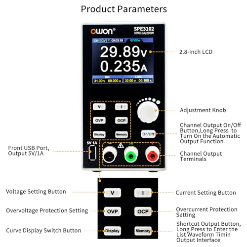 Image of OWON Lab Power Supply (0-30V 0-10 A), Programmable 200w Bench DC Power Supply with 2.8inch LCD Display and Output Enable /Disable Button SPE3102