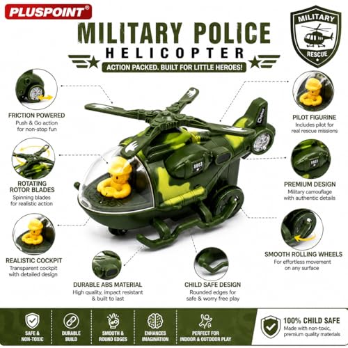 Image of PLUSPOINT Military Police Helicopter Toy for Kids | Friction Powered Push & Go SWAT Chopper | Pretend Play Police Air Rescue Helicopter Vehicle Toy for Boys, Girls & Toddlers