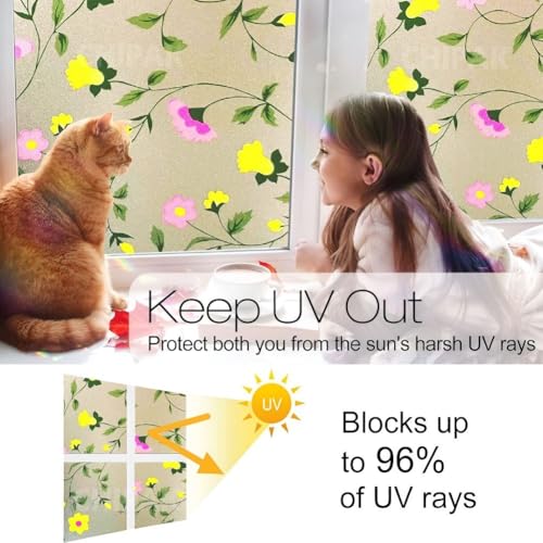 Image of CHIPAK Premium Vinyl Privacy Stained Window Glass Film (18x100 Inch) - Self-Adhesive Decorative Sticker Opaque Sheet Tint Wallpaper for Glass Cover Window, Door, Office.| Anti-UV. Pink Yellow Flowers