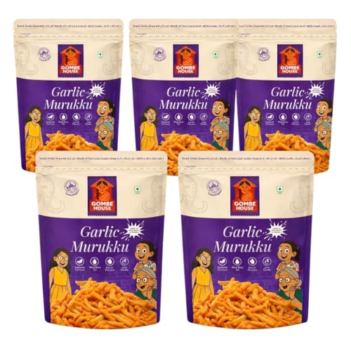 Image of Gombe House Garlic Murukku 120g Each (Pack of 5, 600g Total) Authentic South Indian Chakli Snack Crispy Garlic Flavour Namkeen Vegan No Palm Oil Traditional Tea Time Snack Ready to Eat
