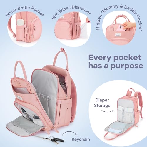 Image of RUVALINO Diaper Bag Backpack, Multifunction Travel Back Pack for Girls, Maternity Baby Changing Bags with Changing Pad for Mom, Large Capacity, Waterproof and Stylish, Pink