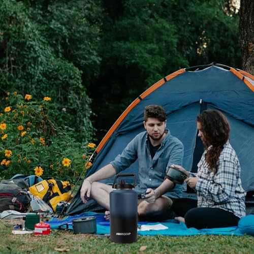 Image of ABOTOCUP 2 Gallon Water Jug with Wide Mouth, 256oz Insulated Water Bottle Keep Cold24h&Hot12h, Comes with Ergonomic Handle, Two Double Walled 16oz 18 /8 Stainless Steel Cups Thermo Canteen Mug