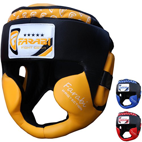 Farabi Sports Boxing headguard Real Leather Sparring Gear MMA Muay Thai Kickboxing Training Punch Head Gear (Large/X Large, Yellow)