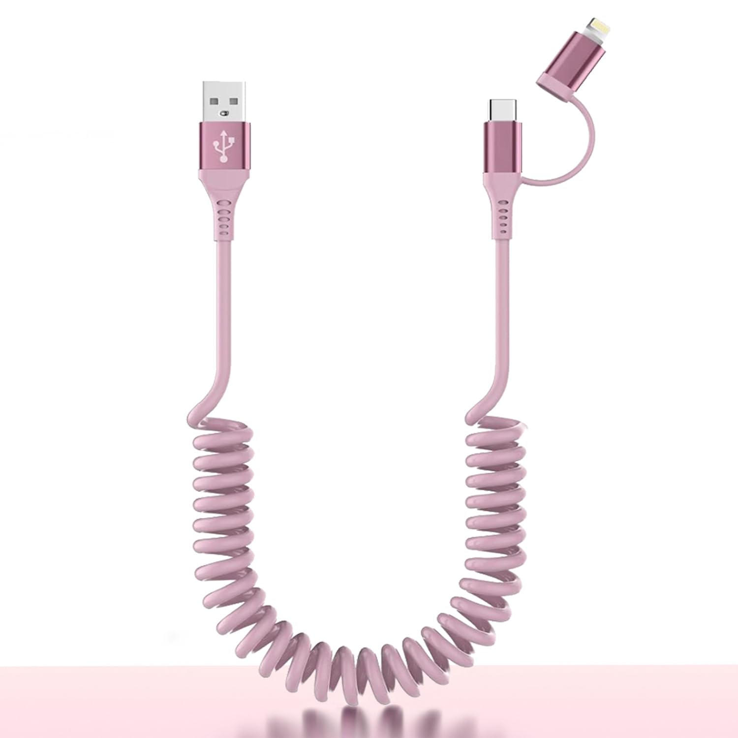 Cable USB A a Lightning y USB C en espiral rosa antienredos 8