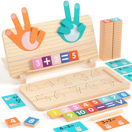 Jouets Montessori Éducatifs pour Tout-Petits 2-4 Ans – Planche Double Face Chiffres et Doigts, Blocs Numériques Colorés, Jouet Mathématique en Bois pour...