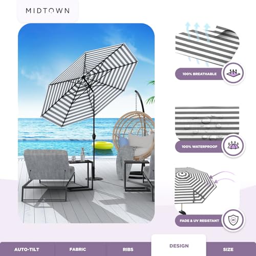 Image of Midtown Umbrellas - 10-Year-No-Fade 10 Ft Patio Umbrella with Terylast Fabric, Auto-Tilt Aluminum Frame and 8 Reinforced Ribs for Deck, Pool, Garden & Beach - Grey /White Stripes Canopy, Black Pole