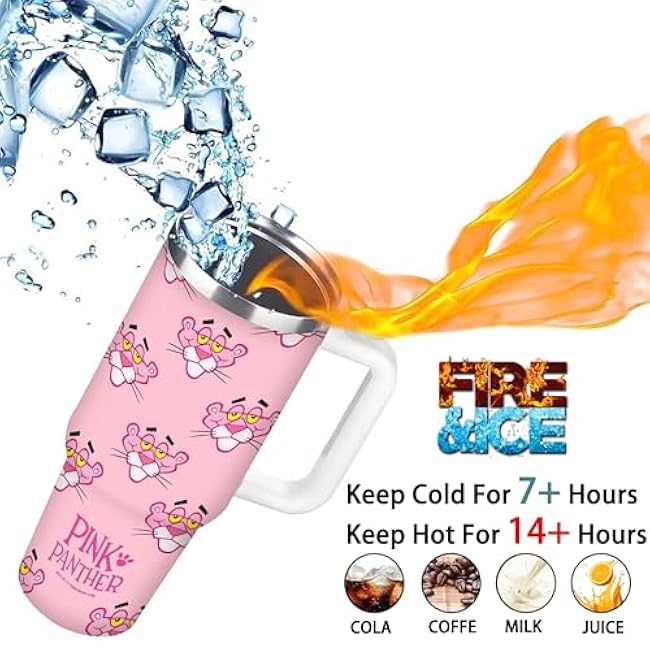1pc 40oz Pink Panther Pattern Tumbler with Lid, Insulated Travel Mug, Gift for Women Men, Ideal for Halloween, Independence Day, Memorial Birthday Gift, Coffee Cup, weird stuff